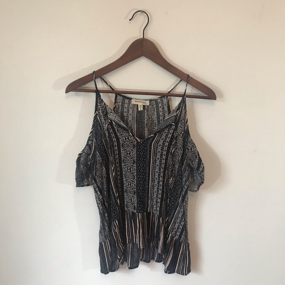 Monteau Black and Blue Patterned Cold Shoulder Top - Picture 2 of 6